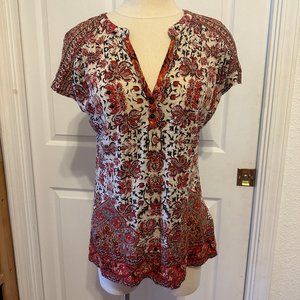 Lucky Brand S Floral Print V-Neck Short Sleeve Tunic